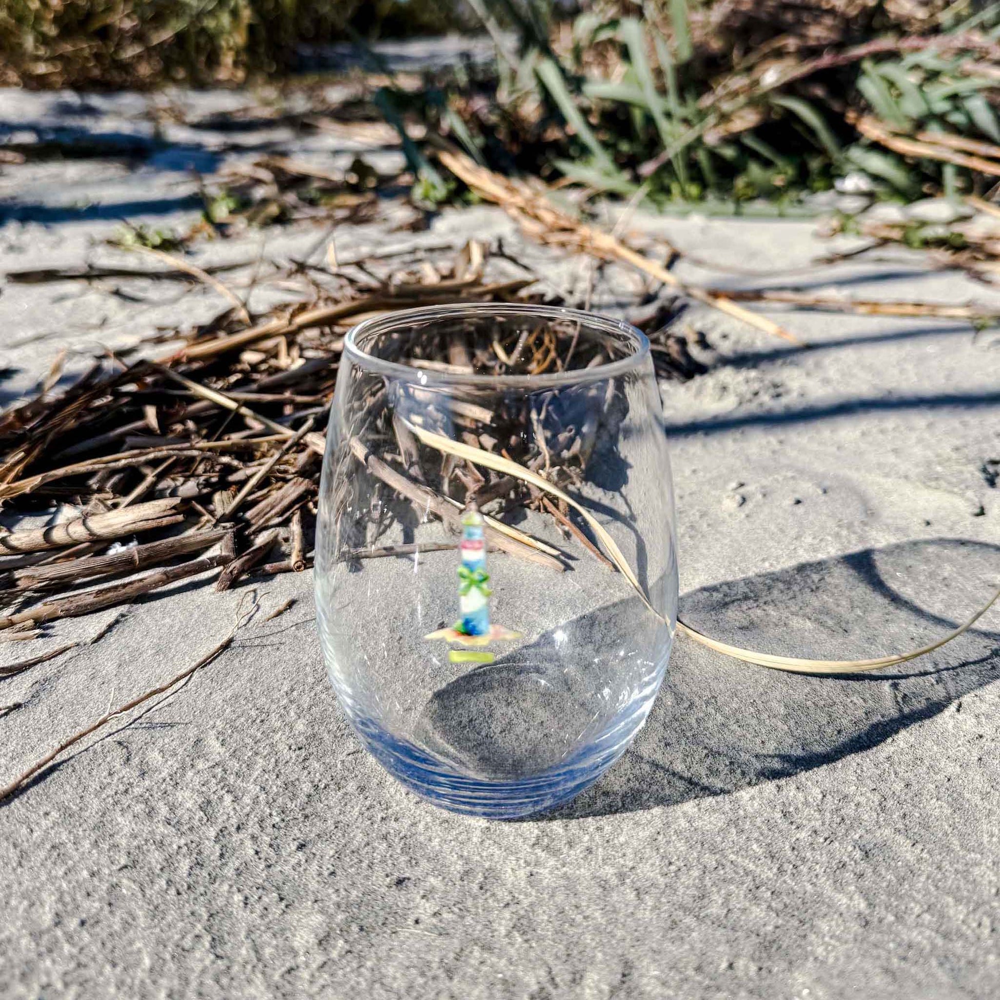 Coastal stemless wine glass holds 15 oz—coastal coastal design. Coastal Christmas wine glass.