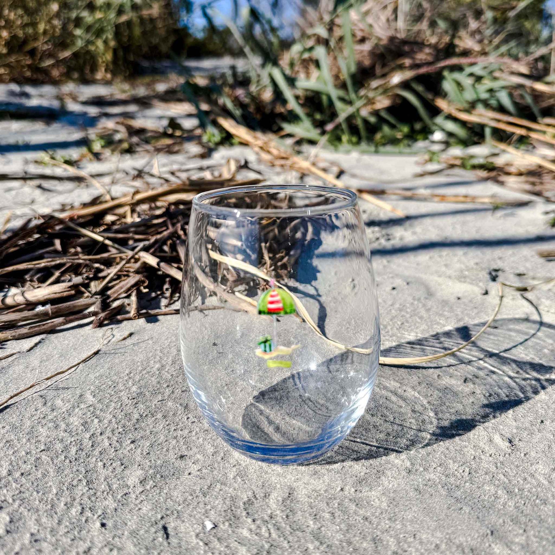 Coastal stemless wine glass holds 15 oz—coastal coastal design. Coastal Christmas wine glass.