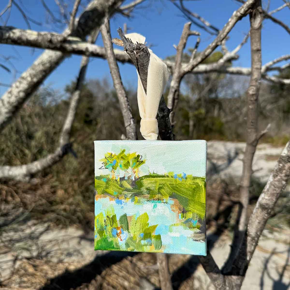 Original Art Christmas Ornament – 4x4 hand-painted canvas and ribbon, perfect for a coastal-inspired holiday.