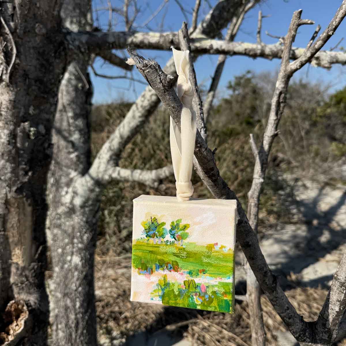 Original Art Christmas Ornament – 4x4 hand-painted canvas and ribbon, perfect for a coastal-inspired holiday.
